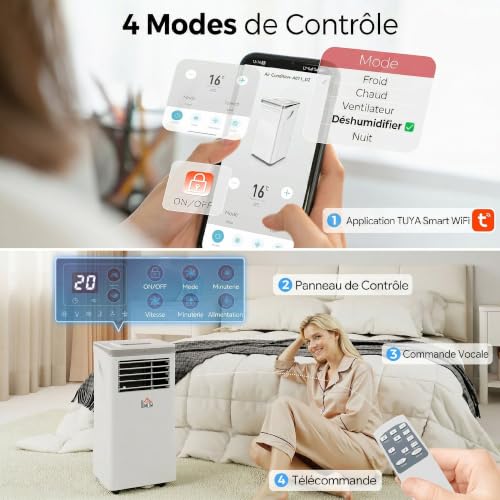 HOMCOM Mobile Klimaanlage 10000 BTU, tragbare Klimaanlage 4 in 1 Kühlung, Luftentfeuchter, Ventilator, Nachtmodus, WiFi, App & Sprache, Fernbedienung, 24H Timer, 2 Geschwindigkeiten, 30m², Klasse A