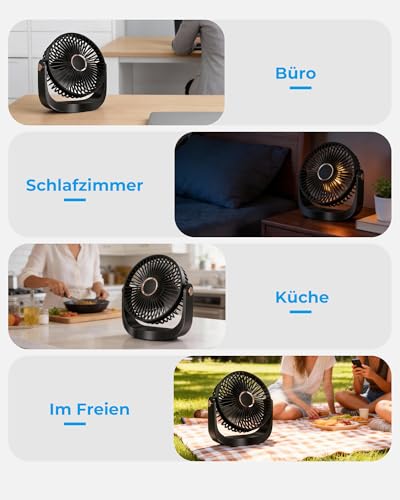 AICPAN Ventilator Leise - Tischventilator mit Nachtlicht，3000mAh USB Wiederaufladbarer Kleiner Ventilator, 5 Geschwindigkeiten, 360° verstellbare Neigung für Büro Schlafzimmer Zuhause, Schwarz