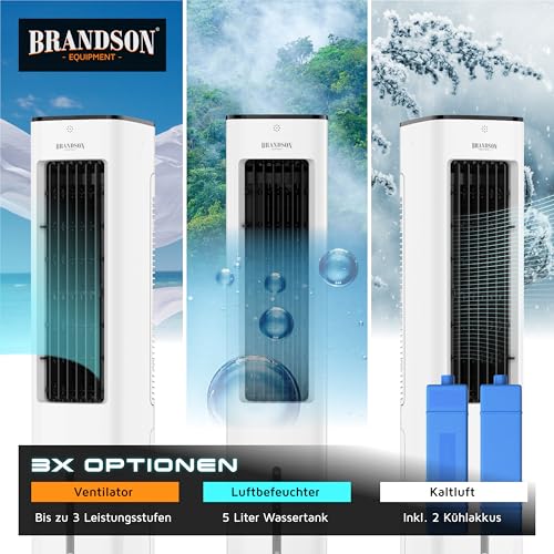 Brandson Luftkühler Wasserkühlung, Turmventilator, Fernbedienung, Weiß | Verdunstungskühler, Standventilator ohne Abluftschlauch, 5 Liter Wassertank, 2 Kühlakkus, 60° Oszillation, 3 Modi, Timer