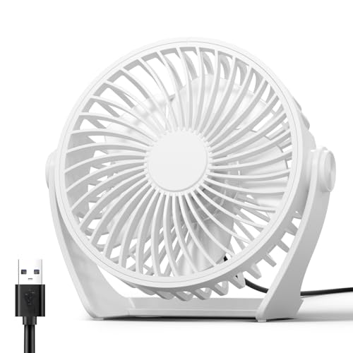 TriPole Tischventilator USB, Tragbarer Mini Ventilator mit 3 Geschwindigkeiten, Ultra Leiser USB Ventilator mit 360° Verstellbarem Kopf, Kleiner Ventilator für Büro, Schlafzimmer, Küche, Weiß