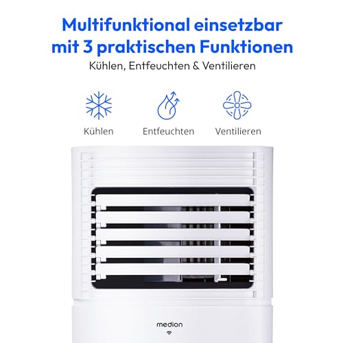 MEDION Smarte Mobile Klimaanlage mit Abluftschlauch P901 (9000 BTU, mobil, inkl. Fensterabdichtung, bis 32m², 3in1,Kühlen Entfeuchten Ventilieren, App- und Sprachsteuerung, Schlafmodus, MD 37732)