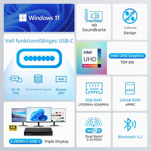 Orbsmart AW-15L Mini-PC Win11 Pro Desktop-PC | Computer | Micro-PC | lüfterlos | stromsparend (Intel N100 CPU, 8GB RAM, 256GB eMMC, USB-C, WiFi 6)