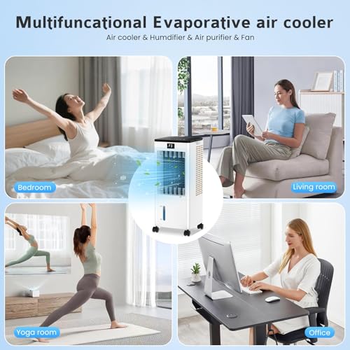 Klimaanlage Mobil Ohne Abluftschlauch, Verdunstungskühler Großer Wassertank 60W, Leiser Turmventilator Schlafmodus, 4 Modi 3 Geschwindigkeiten 1-12h Timer 60/120° Oszillierend Fernbedienung 4 Kühlakku