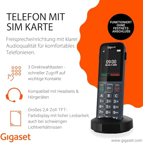 Gigaset Comfort 600 SIM 4G-Volte-Telefon, 4G-Technologie, Anthrazit | 2,4-Zoll-Display, Bluetooth, Hörgerätekompatibel, 500 Stecker, Made in Germany, [Kompatibel in DE, IT, FR, NL, BE, AT]