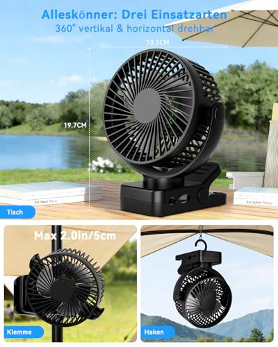 ArsMotin USB Tischventilator Leise mit 12000mAh Akku, Clip Camping Ventilator mit Fernbedienung, Mini Akku Ventilator mit Licht & Timer, 360° Drehbar, 3 Windstufen, Max 44Std Laufzeit für Camping