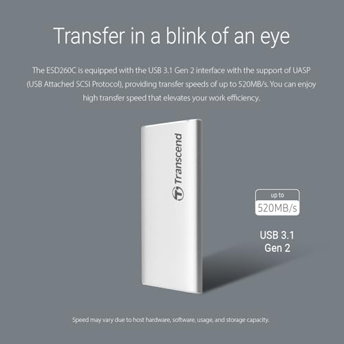 Transcend 500GB ESD260C Portable SSD, 520 MB/s, Aluminium, USB-C, Silber | Schlankes, externes SSD-Laufwerk im Taschenformat mit USB 3.2 Gen 2 für MacBook, iPad und Mac
