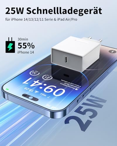 25W Schnellladegerät und Ladekabel für iPhone 14/14 Plus/14 Pro/14 Pro Max/13 12 11 SE, 4-Pack USB C Ladegerät 2M Schnellladekabel Stecker Netzteil Power Adapter Ladestecker Netzstecker
