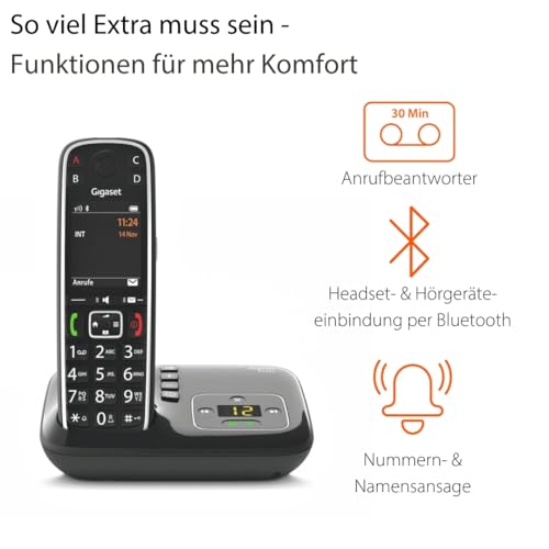 Gigaset E720A - Schnurloses Premium Senioren DECT-Telefon mit Anrufbeantworter - sprechende Wähltasten - Nummernansage & Namensansage - Anrufübertragung per Bluetooth, schwarz [Deutsche Version]