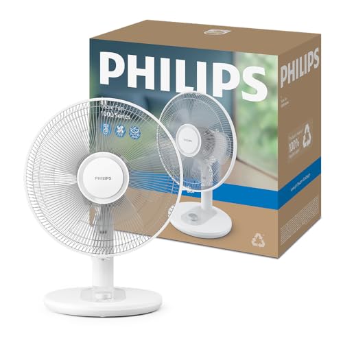 PHILIPS Tischventilator 1000 Serie, Weiß, 2.000 m³/h Airflow | mit 35-45 dB(A), Neigung 30°, Oszillation 80°, gleichmäßige Luftumwälzung (CX1030/00)