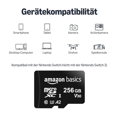Amazon Basics microSDXC-Speicherkarte mit Adapter in voller Größe, A2, U3, Lesegeschwindigkeit bis zu 100 MB/s, 256 GB, Schwarz
