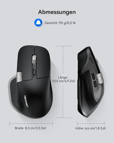TECKNET Bluetooth kabellose Maus(BT 5.3/5.0+2,4G), Seitliches Mausrad | 700mAh Wiederaufladbare, Ergonomisches, Geräuschloses Klicken 4800 DPI, 7 Tasten, für Mac OS,Windows, Schwarz