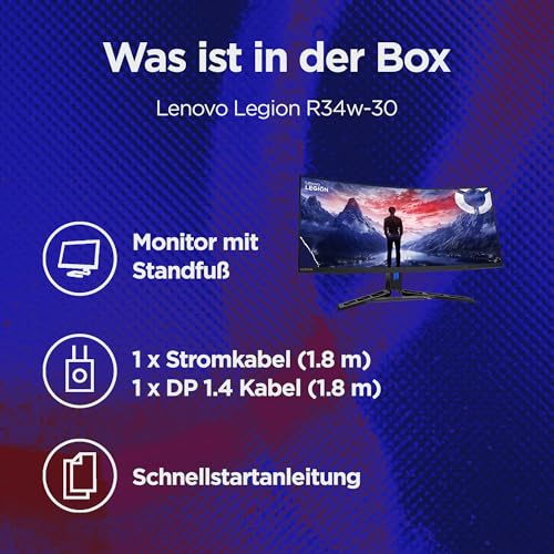 Lenovo Legion R34w-30 | 34" UWQHD Curved Gaming Monitor | 3440x1440 | 180Hz | 350 nits | 0,5ms Reaktionszeit | VA-Panel | HDMI | DisplayPort | AMD FreeSync Premium | entspiegelt | 8,1kg | schwarz