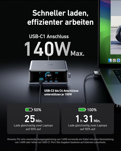 Anker Prime 250W USB C Ladegerät, Ultra-schnelle 6-Port GaN Ladestation | 2,26" LCD-Display, Smart Control Regler, für MacBook Pro/Air, iPhone 18/17/16/15, Pixel, Galaxy, Apple Watch und mehr