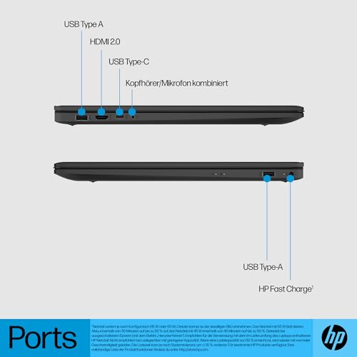 HP Laptop mit 17,3 Zoll FHD Display, AMD Ryzen 7 7730U, 16 GB DDR4 RAM, 512 GB SSD, AMD Radeon-Grafik, Windows 11, QWERTZ Tastatur, Schwarz