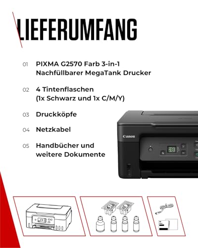 Canon PIXMA G2570 MegaTank 3in1 Multifunktionsgerät Große nachfüllbare Tintenbehälter DIN A4 (Scanner, Kopierer, Drucker, Farbtintenstrahldrucker, USB, LC Display), schwarz/grau