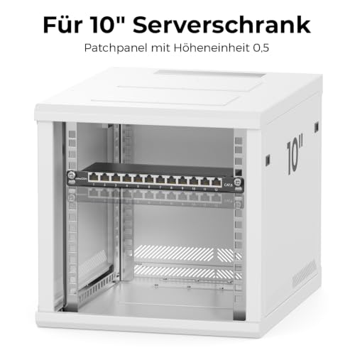 deleyCON CAT 6 0,5 HE Patchpanel Mini Verteilerfeld 12 Port - Desktop 10" Zoll Rackeinbau Servermontage RJ45 geschirmt TIA568A TIA568B RAL 9005 Schwarz