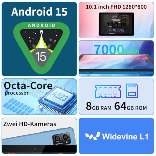 AWOW Tablet 10 Zoll Android 15: 2026 Neueste 7000mAh Octa-Core 8GB RAM+64GB 1TB TF Tablet PC mit WiFi 6 2.4G/5G Bluetooth 5.0 1280 * 800 FHD GMS Dual Kamera mit Hülle und Schutzfolie