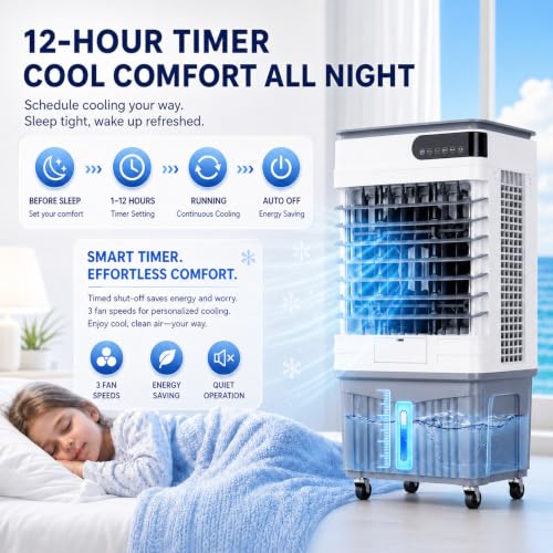 MIAOXIAOLONG 3531-70588 CFM Swamp Cooler, Tragbarer Verdunstungsluftkühler Mit 30L-60L Wassertank, 120° Oszillation, 3 Stufen, 12H Timer, Fernbedienung Für Garage, Terrasse, Große Räume 45L(40-50㎡)