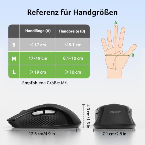 Acer Maus Kabellos 4000 DPI, Wireless Mouse 2,4Ghz mit 5 Einstellbare DPI, Batteriebetriebene Funkmaus, USB-A Computermaus für Laptop, PC, Chrombook-Schwarz