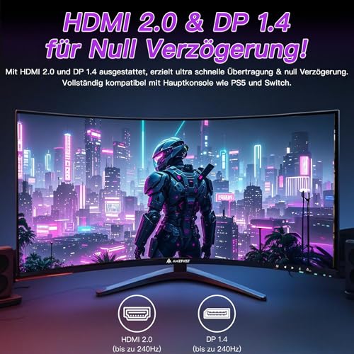 Amzfast Gaming Monitor 32 Zoll Curved 240Hz, 1920x1080, 1ms MPRT, 1500R, Adaptive-Sync, 90% DCI-P3, 120% sRGB, 300cd/m², HDMI 2.0 & DisplayPort 1.4 (AMZG32C3F)