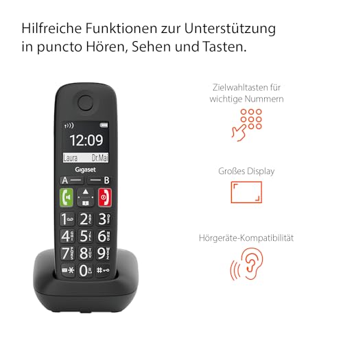 Gigaset E290 - Schnurloses Senioren-Telefon ohne Anrufbeantworter mit großen Tasten - Zielwahltasten für wichtige Nummern, Verstärker-Funktion für extra lautes Hören, schwarz [Deutsche Version]