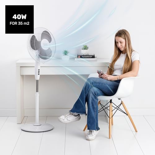 Taurus Greco 16CR Pure Standventilator, 40 W, runder Boden, Oszillationssystem, verstellbare Neigung, 3 Flügel, 3 Geschwindigkeiten, höhenverstellbar 110-125 cm, leicht zu reinigen