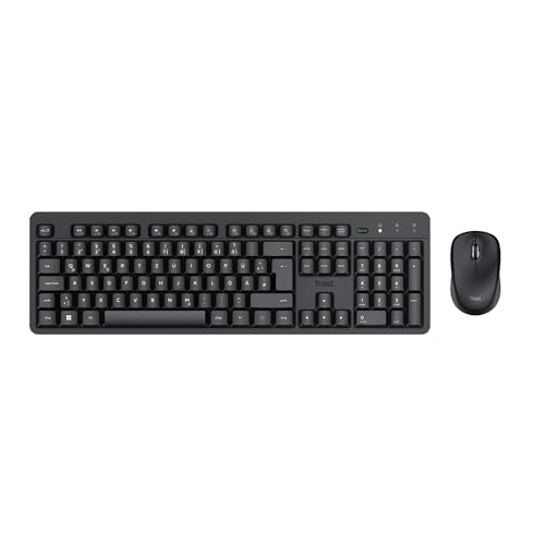 Trust Ymo II Leise Tastatur Maus Set Kabellos Deutsches Layout (QWERTZ) | Flachen Tasten, Spritzwassergeschützt, Beidhändig Funkmaus 800-1600 DPI, Ein USB-Empfänger, für PC Computer Laptop Mac