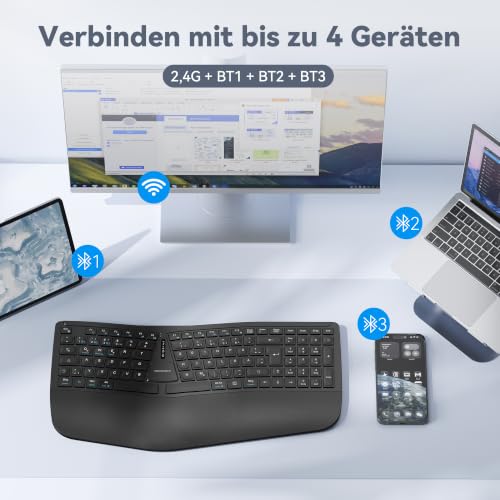TECKNET Ergonomische Tastatur Kabellos, Deutsches QWERTZ Split Tastatur mit Handballenauflage, Wiederaufladbar Ergo Funktastatur, Bluetooth & USB Natürliches Tippen für Windows/Mac