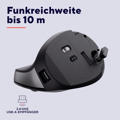 Trust Yuno Wiederaufladbare Vertikale Maus, Kabellose Ergonomische Maus | Vorbeugung Gegen Mausarm/Tennisarm (RSI Syndrom) für Rechtshänder, 2.4GHz, 800-2400 DPI, PC Mac