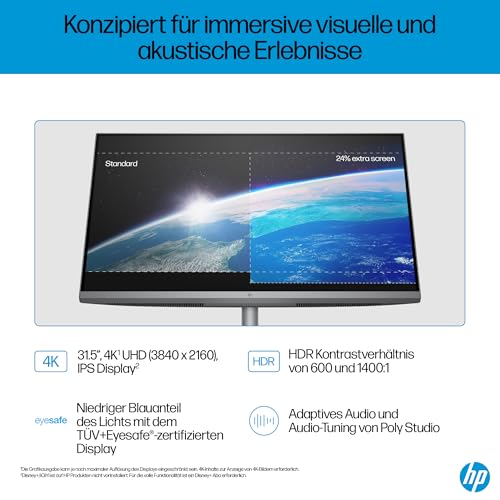 HP OmniStudio X 32-c0275ng All-in-One KI PC, 31.5 Zoll Entspiegeltes UHD-4K-Display, Intel Core Ultra 7 155H, 16 GB DDR5-SDRAM, 1 TB SSD, Intel Arc Graphics, Windows 11 Home, QWERTZ Tastatur, Silber