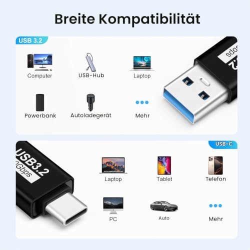 BORLTER CLAMP USB auf USB C/Type-C auf Type A Adapter 3.2 Gen2 Stecker auf Buchse Adapter 2 Pack Kompatibel mit MacBook Pro, Galaxy, Laptop und Anderen Typ-C-Geräten