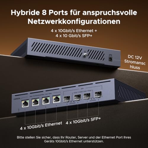 UGREEN LAN Switch mit 4X 10G RJ45+4X 10G SFP+, 10G Netzwerk Switch | Unmanaged Ethernet Switch, Plug & Play, intelligenter Lüfter, Metallgehäuse, 160Gbps Switching-Kapazität, für NAS, 8K-Video