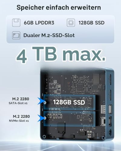 BMAX Büro Mini PC Intel Celeron J3355 mit Win11 Home, 6GB RAM 128GB SSD | Dual HDMI 4K@60Hz RJ45 Gigabit Ethernet WiFi5 BT USB x4 Mini Desktop Micro Computer für Business, Daily Use, Home assistant