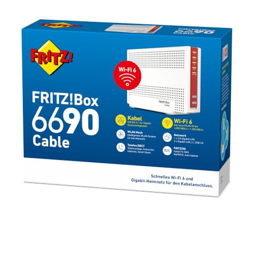 FRITZ!Box 6690 | Router für den Kabel-Anschluss | Wi-Fi 6 bis zu 6 GBit/s | Dualband WLAN (2,4/5 GHz), Kabel bis zu 6 GBit/s mit DOCSIS 3.1, Smart Home & Telefonie Zentrale, WLAN Mesh, Made in Europe