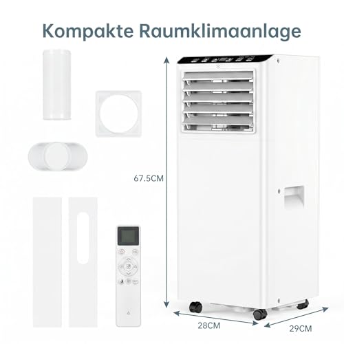 Mobile Klimaanlage 9000 BTU, 3-in-1 Kühlen Entfeuchten Lüften, bis 37 m², 320 m³/h Luftstrom, 51 dB leise, 24h Timer, inkl. Fernbedienung, Weiß