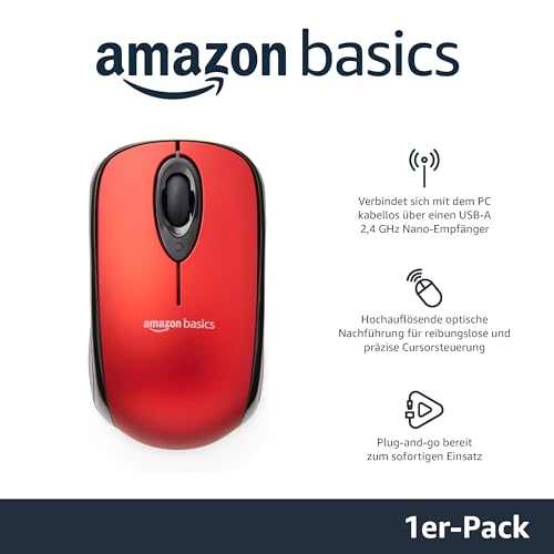 Amazon Basics Kabellose Computer-Maus mit USB-Nano-Empfänger, Rot