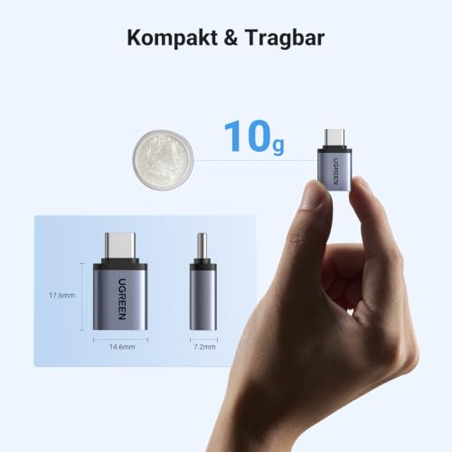 UGREEN 10Gbps USB C Adapter USB C auf USB OTG Adapter 2 Stück (Grau) | USB C 3.2 Stecker auf USB A Buchse Adapter kompatibel mit MacBook Air, iPhone 17/16 Series, iMac, iPad, Galaxy A17/A57/S26