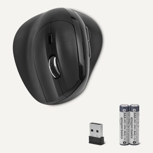Amazon Basics Vertikale kabellose Computermaus für Laptop und Schreibtisch-PC, 6 Tasten, Rechtshänder, Geeignet für mittlere bis große Handflächen, Schwarz