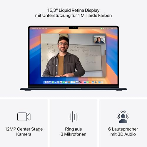 Apple MacBook Air (15", Apple M4 Chip mit 10‑Core CPU und 10‑Core GPU, 24GB Gemeinsamer Arbeitsspeicher, 512 GB) - Mitternacht