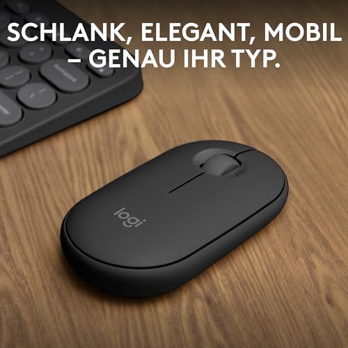 Logitech - Mouse Wireless - Pebble Mouse 2 M350s - Grafite - (910-007015) | Sondertasten, schlank, mobil, Easy-Switch - Windows, macOS, iPadOS, Android, ChromeOS, Deutsches QWERTZ - Graphit