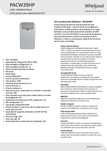 Whirlpool PL Klimaanlage, tragbar, 9 K BTU oder 2,5 kW, R290, umkehrbar, Wärmepumpe, weiß, A+, A+