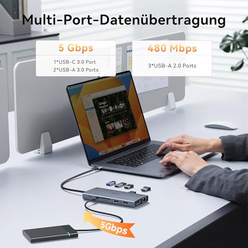 Dockingstation Laptop 2 Monitore, 15 in 1 Docking Station Triple Display | USB C Hub Adapter mit Zwei HDMI, 8K DisplayPort, Ethernet, PD, 5USB, USB C, SD TF Kartensteckplatz, Audio und Ein/Aus Taste