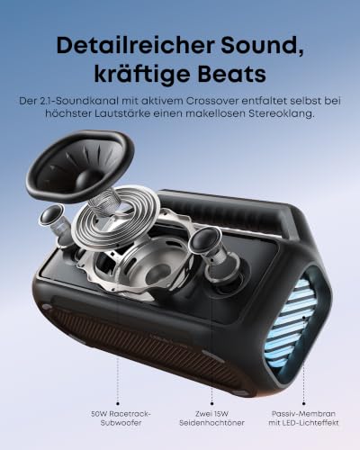 Soundcore by Anker Boom 2 Outdoor-Lautsprecher, 80W, Subwoofer, BassUp 2.0 | 24h Akku, IPX7 Wasserdicht & Schwimmt, LED-Licht, EQ, BT 6.0, Mobiler Bluetooth-Speaker, Camping, Strand, Garten