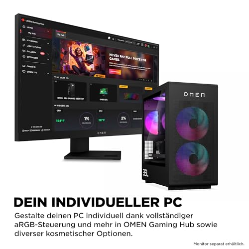 HP Omen GT16-1279ng 35L Gaming Desktop PC, AMD Ryzen 7 9800X3D, 32GB DDR5-SDRAM, 2TB SSD, NVIDIA GeForce RTX 5070 Ti, Tower PC, Windows 11 Home, Black Metal