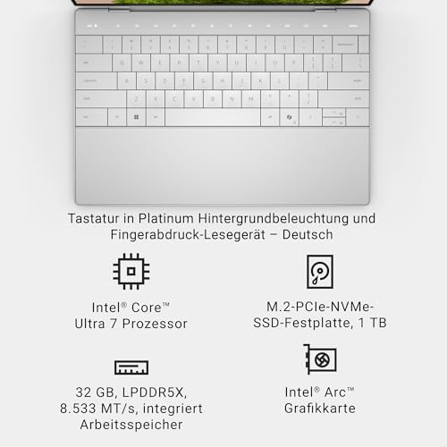 Dell XPS 13 Laptop - Intel Core Ultra 7 258V, 32GB RAM, 1TB SSD | 13'', Intel Arc Grafik, Windows 11 Home, Deutsch beleuchtete QWERTZ Tastatur, Platin