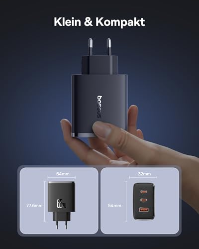 Baseus USB C Ladegerät 65W 3-Ports USB C Netzteil PD Ladegerät mit PPS, GaN Schnellladegerät kompatibel mit MacBook Pro/Air, iPad Pro, Steam Deck, iPhone 16-12 Serie, Galaxy S24 Ultra-S20, Pixel usw