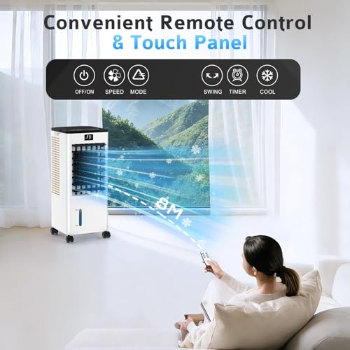 Klimaanlage Mobil Ohne Abluftschlauch, Verdunstungskühler Großer Wassertank 60W, Leiser Turmventilator Schlafmodus, 4 Modi 3 Geschwindigkeiten 1-12h Timer 60/120° Oszillierend Fernbedienung 4 Kühlakku