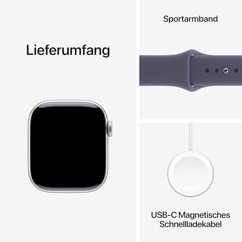 Apple Watch Series 11 GPS 42 mm Smartwatch mit Aluminiumgehäuse in Silber und Sportarmband in Nebelviolett (S/M). Schlafindex, Fitnesstracker, Gesundheitstracking, Always-On Display, Wasserschutz