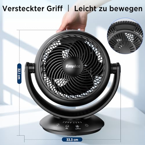 EasyAcc Ventilator Leise, 25dB Tischventilator sehr Leise, Umwälzventilator 90° Auto-Oszillation Horizontal und Vertikal 3D Turbo mit Fernbedienung, 3 Geschwindigkeiten, 2-12H Timer für Schlafzimmer