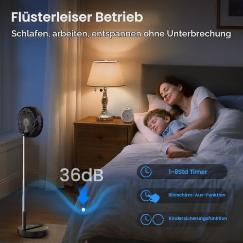 TriPole Tragbarer Standventilator mit LED-Anzeige, Akku, 28,5 Std. Laufzeit